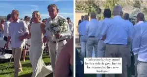 On her wedding day Ivy Jorgensen as escorted down the aisle by 15 men who influenced her life for good. Photo from Faithpot.