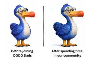 The DODO Dads mascot before joining the community and after spending time with us